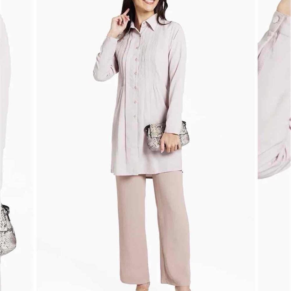 Dialogue Tunic Blouse Large Tan Pleated Button Down Collared Long Sleeve NWOT